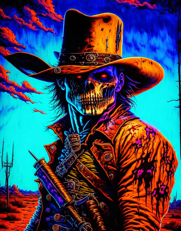 Detailed Illustration of Glowing Skull Cowboy in Wild West Scene