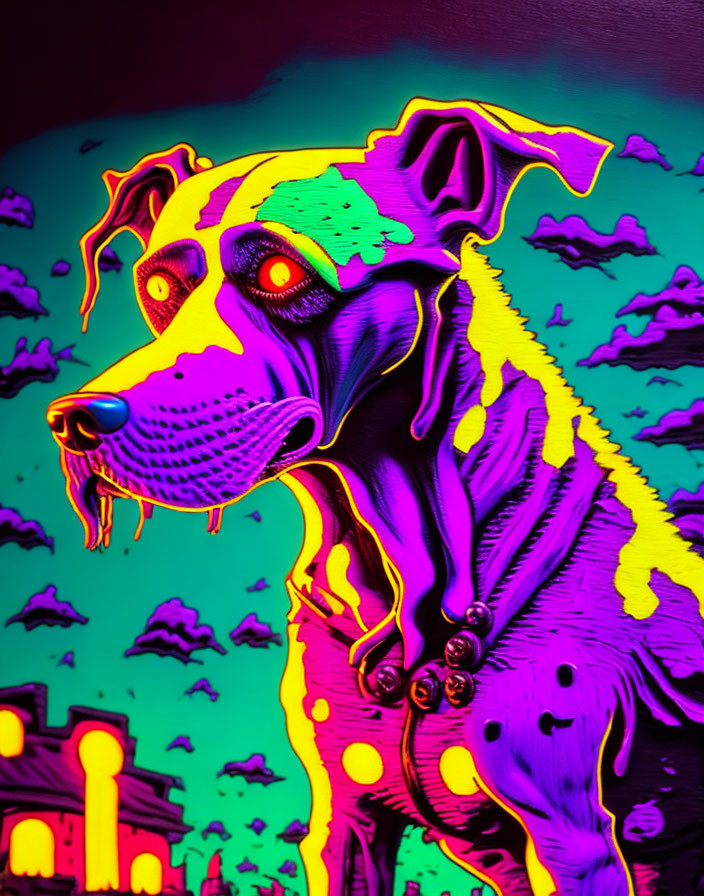 Colorful neon dog illustration with psychedelic backdrop.