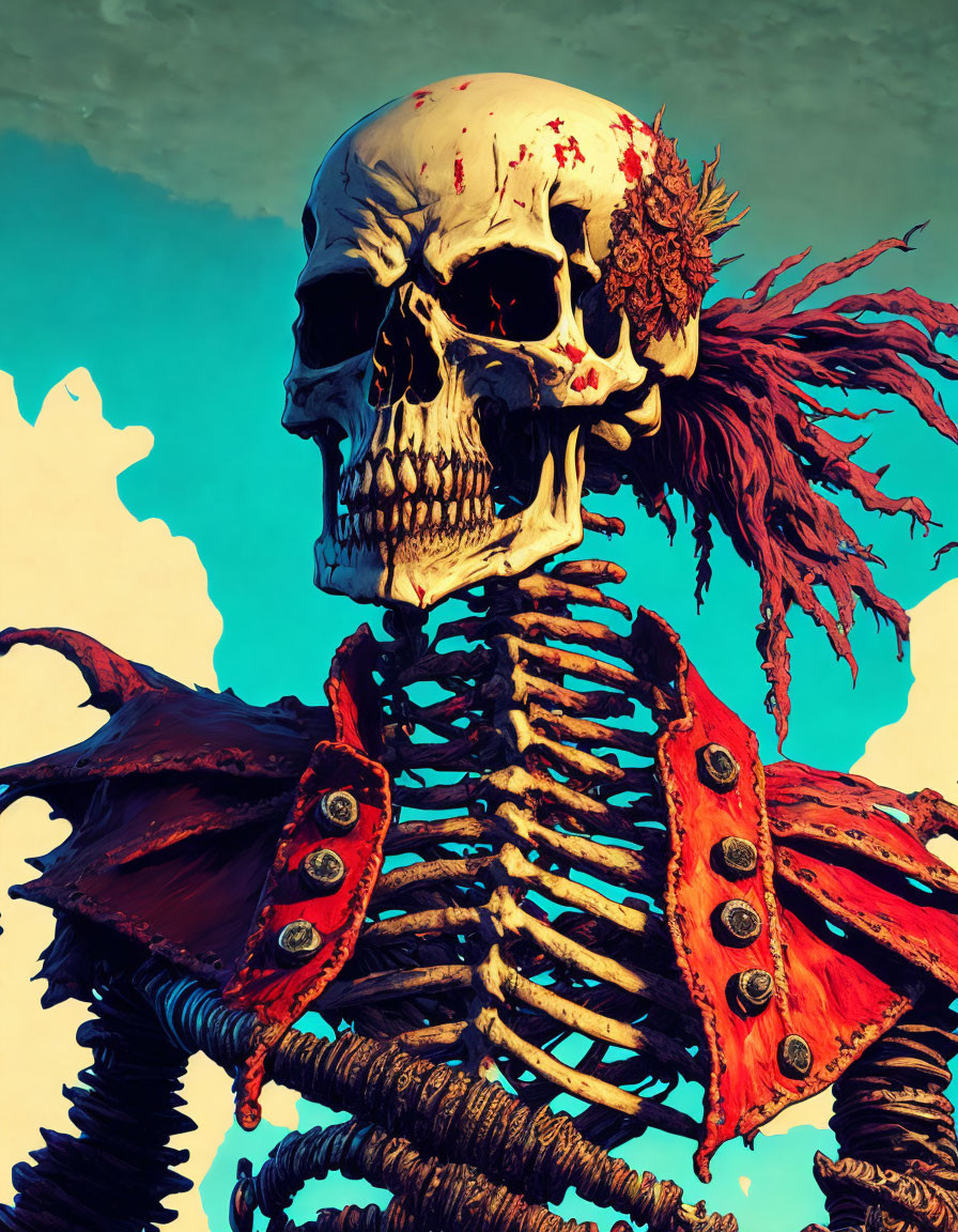 Skeleton with bloody skull in red military coat on turquoise background