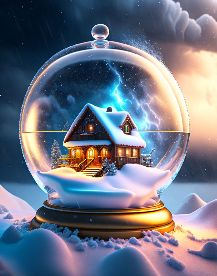 Snowy landscape with cozy cottage in magical snow globe scene