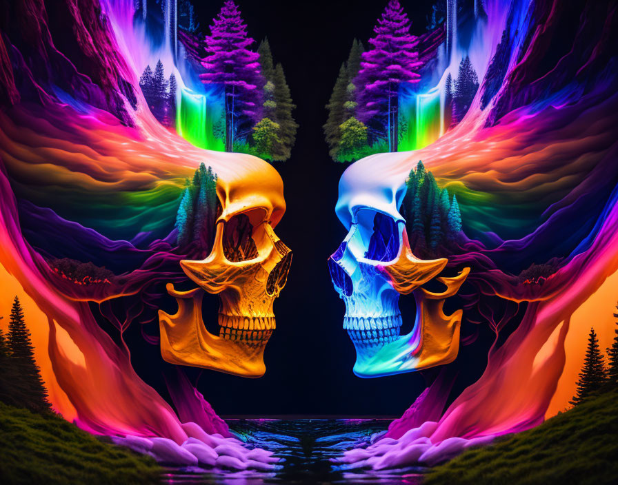 Symmetrical artwork with mirrored skulls in vibrant colors