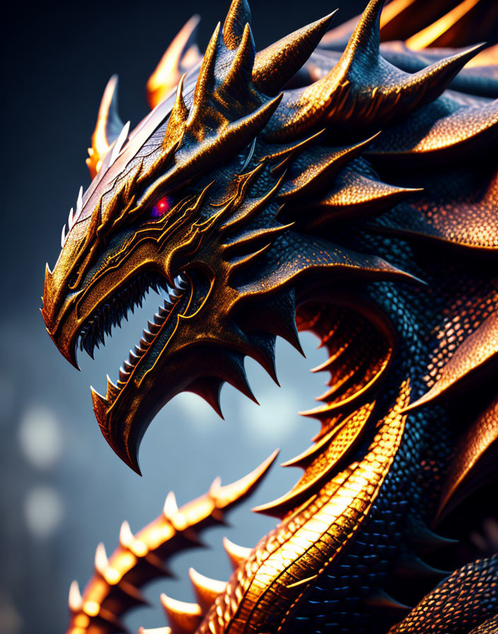 Detailed Close-Up of Fierce Dragon with Sharp Scales, Horns, and Glowing Eyes