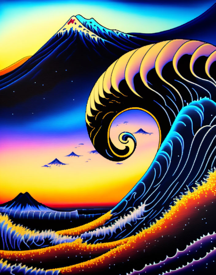 Stylized image of large wave with Mount Fuji and colorful sky