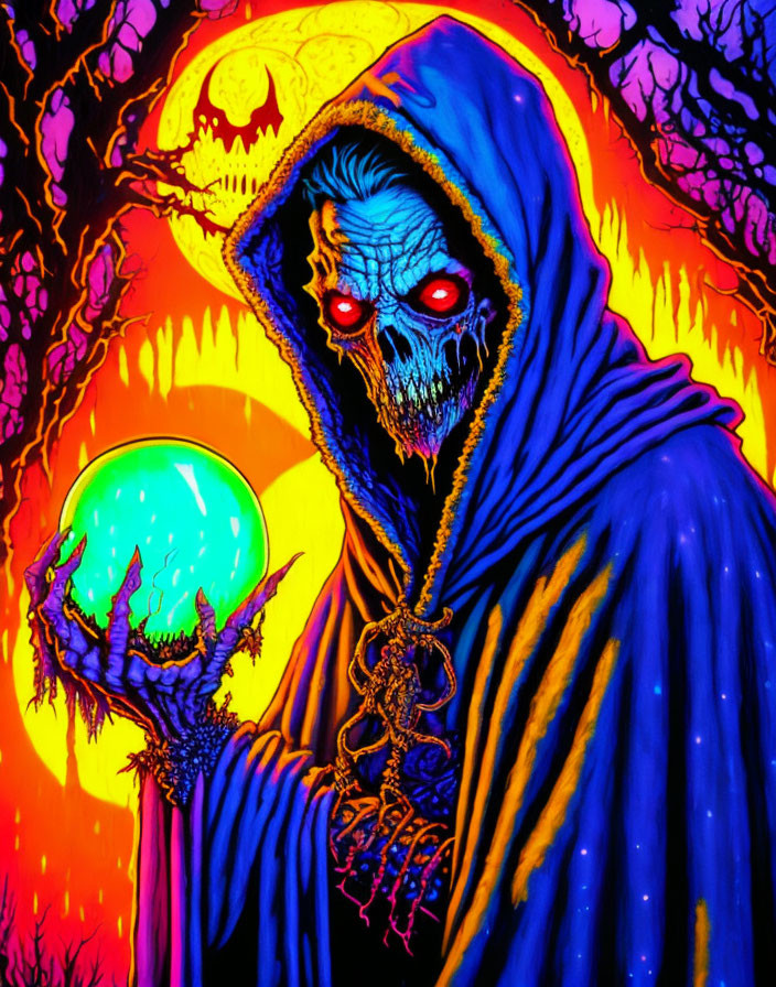 Illustration of robed skeleton with glowing orb in spooky setting