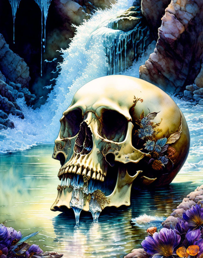 Surreal human skull with flowers in water against icy backdrop