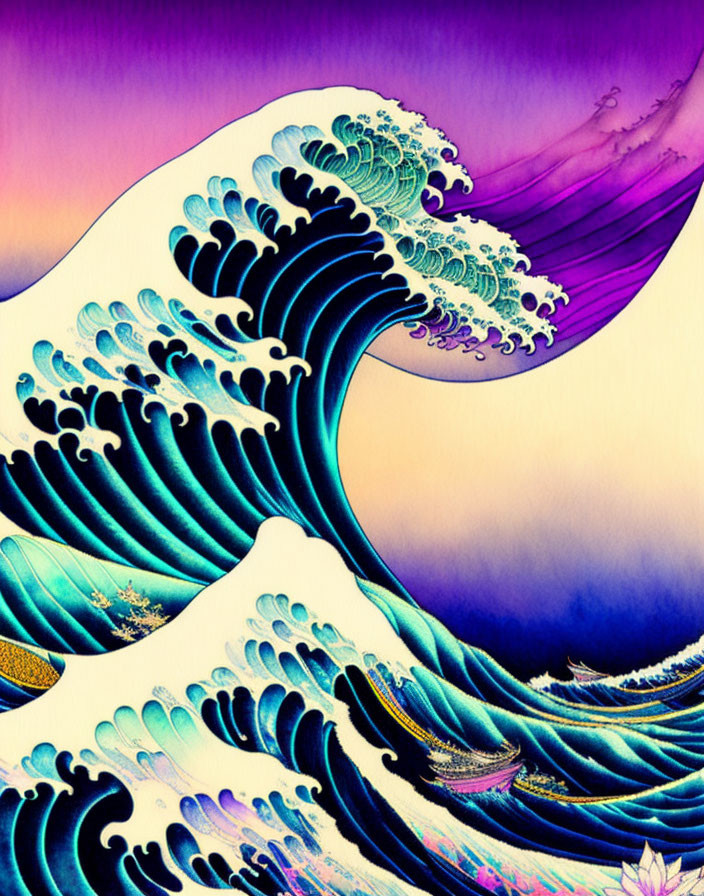 Colorful Ocean Wave Illustration with Purple to Yellow Gradient