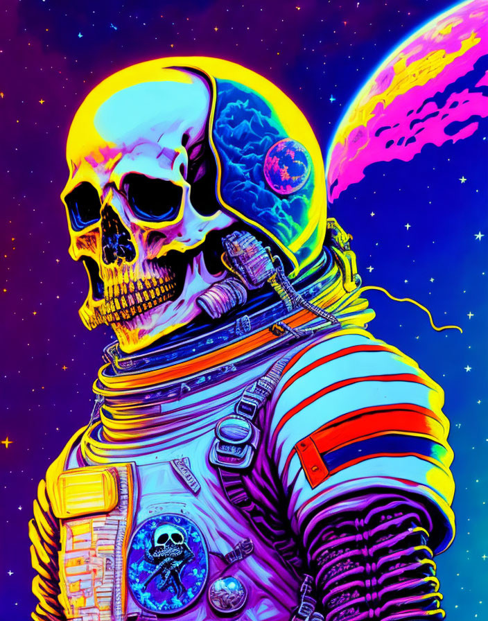 Colorful Skull-Headed Astronaut in Space Scene