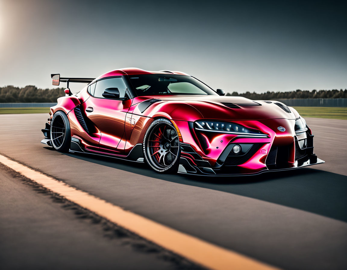 Red and Black Racing-Modified Sports Car with Large Rear Wing on Racetrack