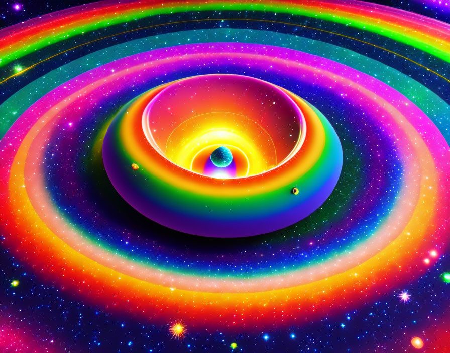 Colorful 3D concentric circle pattern on starry background