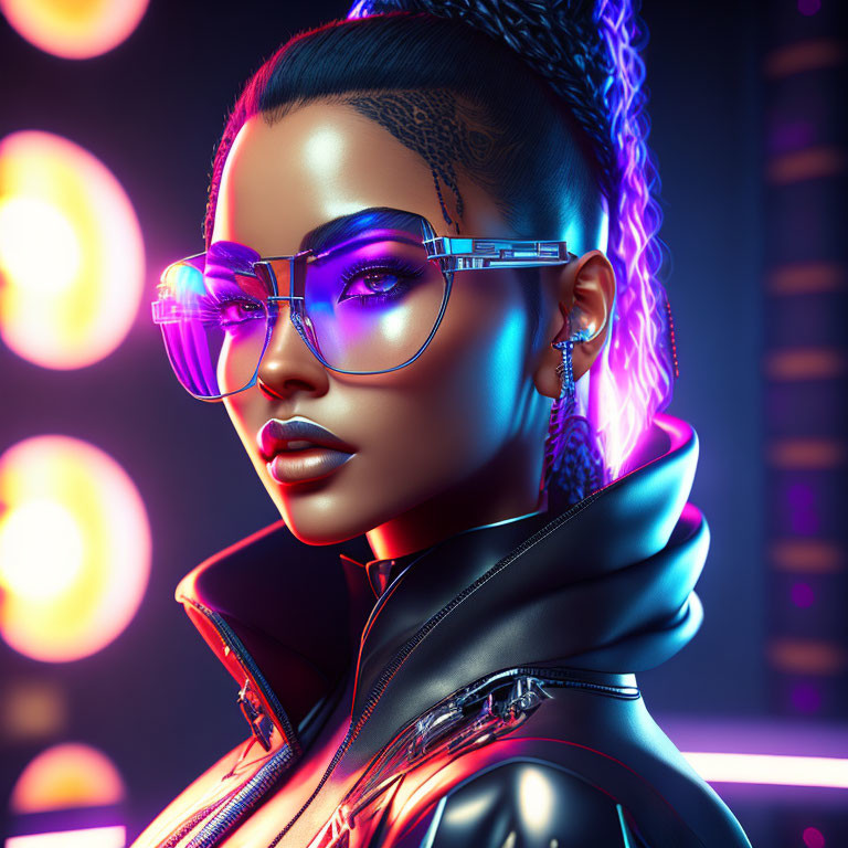 3D digital illustration of a woman with stylish glasses, tattoos, braid, leather jacket in bo