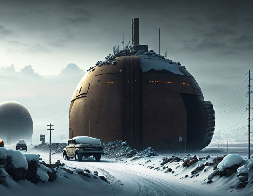 Futuristic spherical structure with lights in snowy landscape