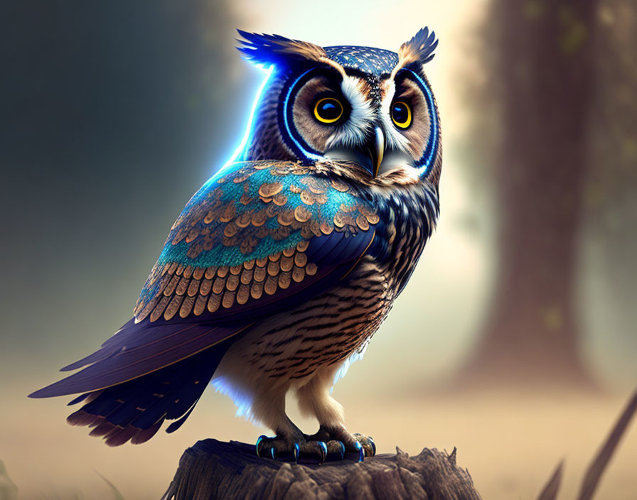 Stylized illustration of owl with glowing blue feathers and intricate patterns