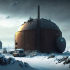 Futuristic spherical structure with lights in snowy landscape