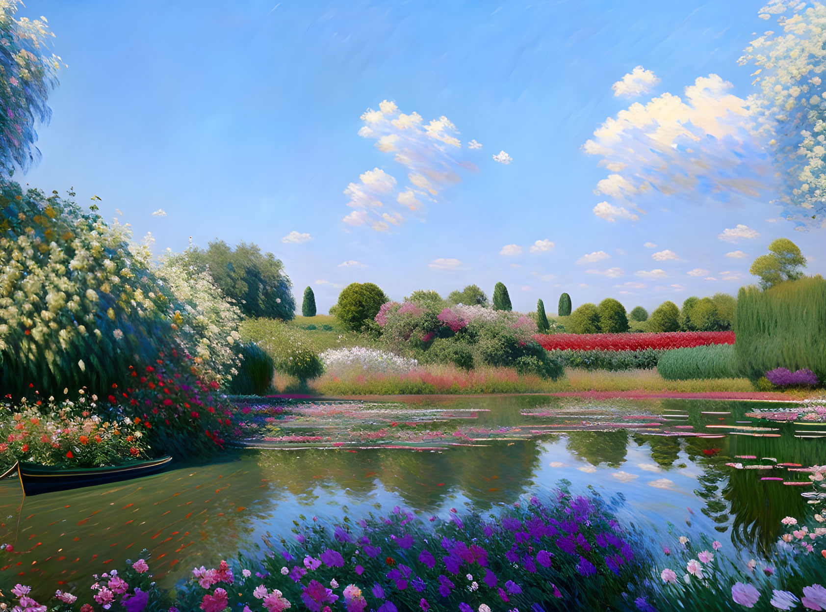 Tranquil pond in vibrant floral landscape under blue sky