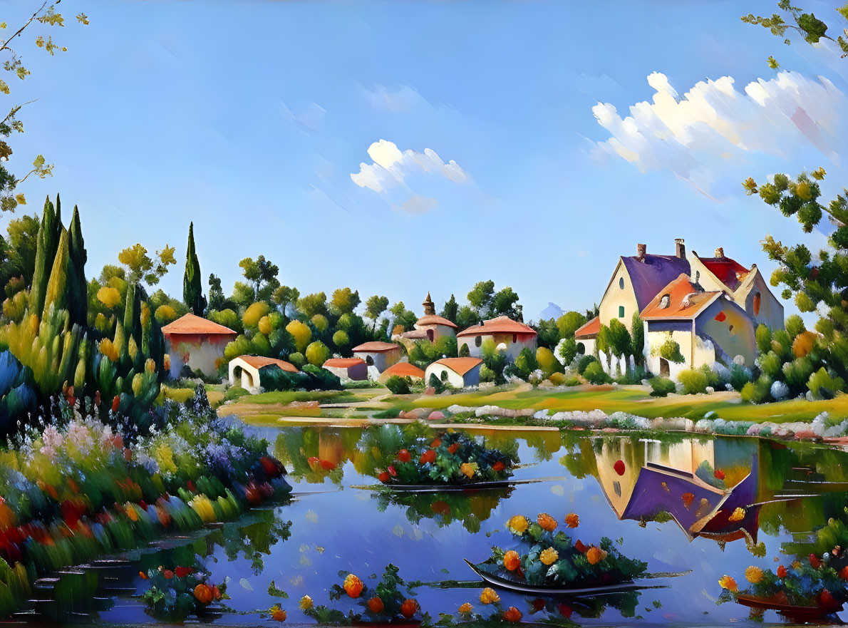 Colorful village painting with lake, flowers, greenery, and blue sky