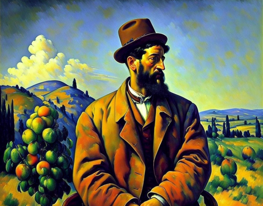 Colorful countryside landscape with bearded man in hat painting