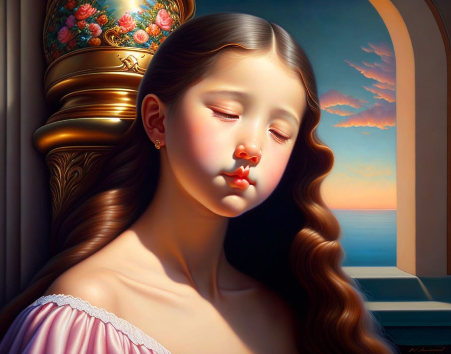 Serene painting of young girl with long hair gazing at sunset ocean view