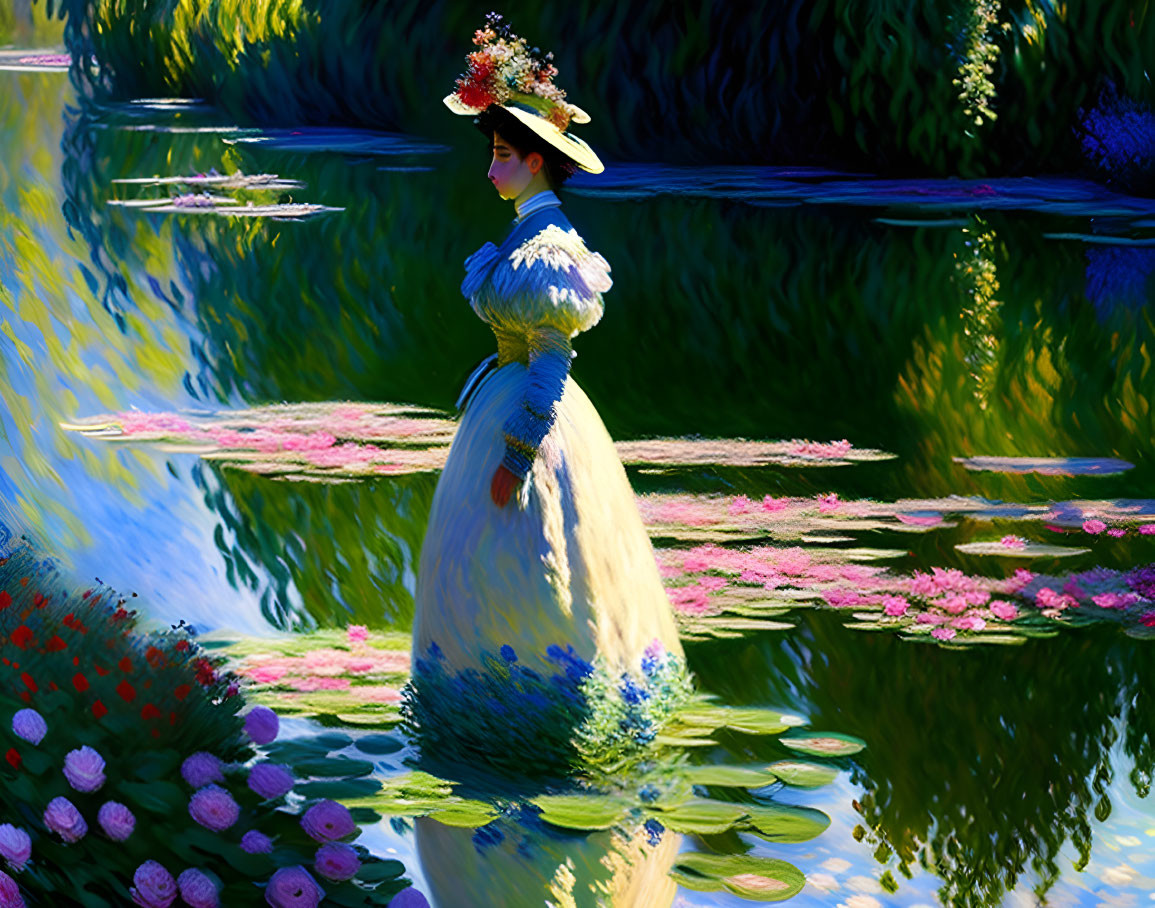 Vintage-dressed woman by pond with water lilies and vivid flora in impressionistic style