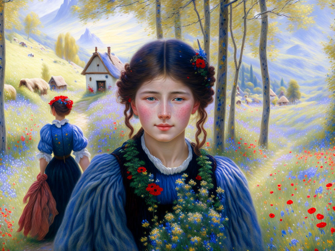 Portrait of Young Woman in Traditional Dress with Sheep and Cottage in Meadow