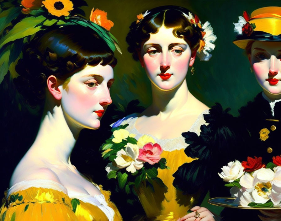 Three Women in Vintage Attire with Vibrant Colors and Floral Accents