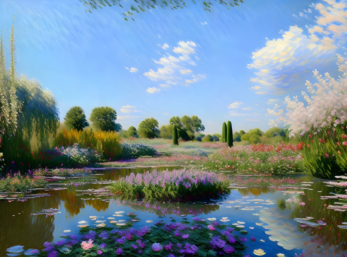 Landscape painting: serene pond, lush plants, blue sky