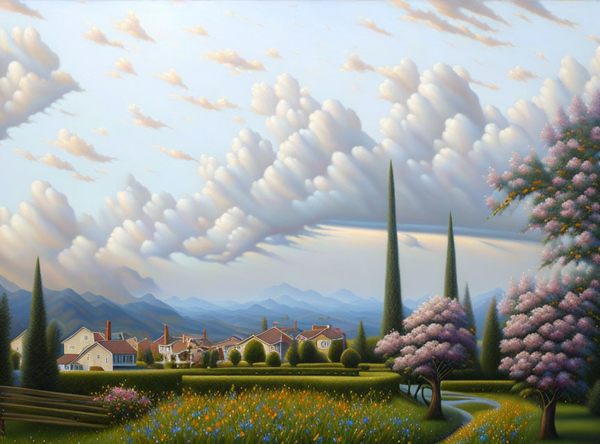 Landscape painting: Houses, gardens, cypress trees, path, mountain, and clouds