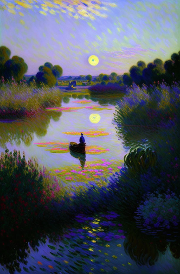 Impressionistic painting of person rowing boat on tranquil river at dusk