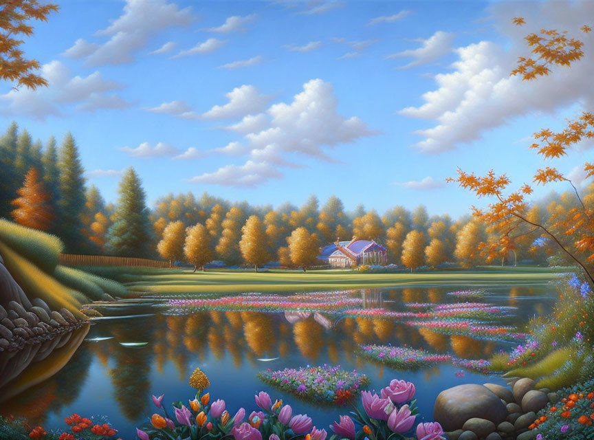 Tranquil landscape painting of serene lake, vibrant foliage, quaint house, autumn trees, wispy