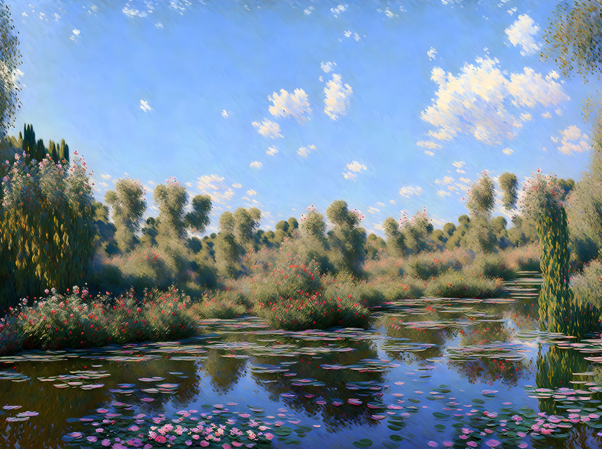 Impressionist-style painting of lush riverside with water lilies