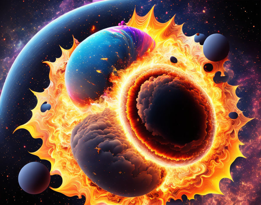Colorful celestial bodies in fiery digital art piece