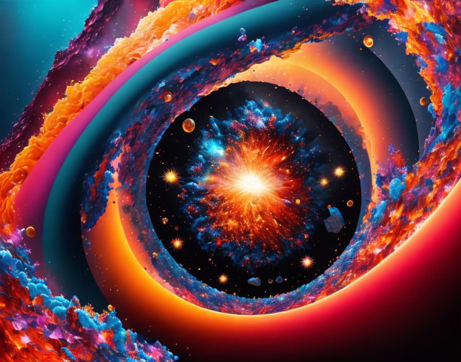 Colorful swirling galaxies with stars and cosmic debris in digital art