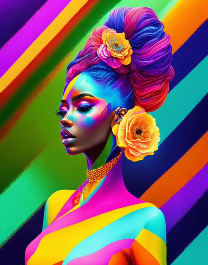 Colorful digital artwork: woman with blue skin and multicolored hair, adorned with flowers, on