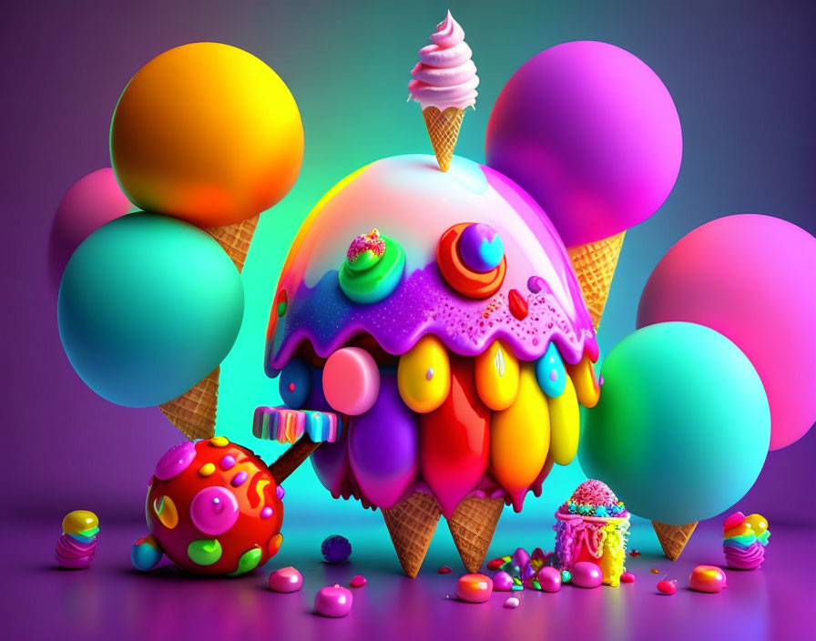 Colorful 3D illustration of melting ice cream with candies, cones, and balloons on purple background