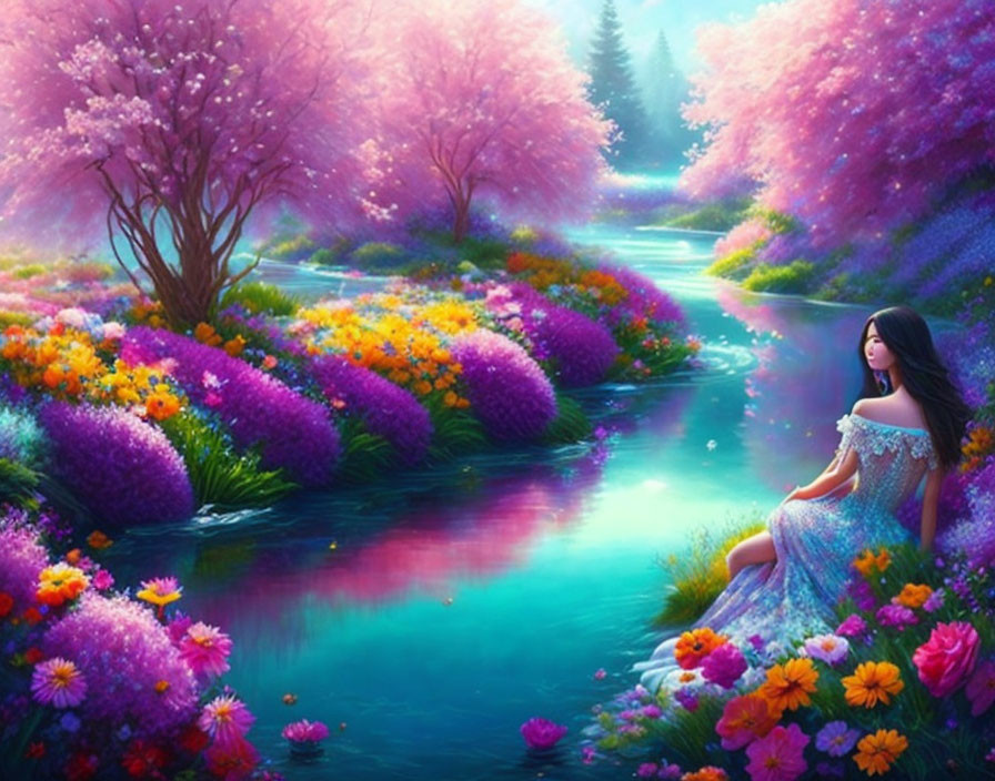 Woman enjoying vibrant river in fairy-tale landscape