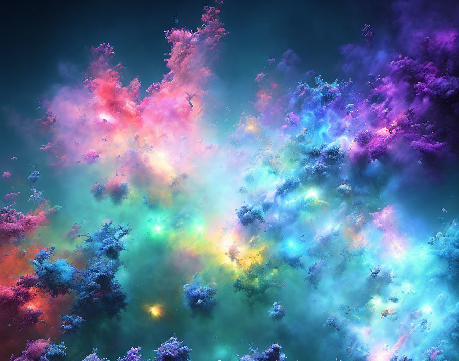 Colorful Digital Artwork: Celestial Cloud Explosion in Blue, Purple, Green, Yellow