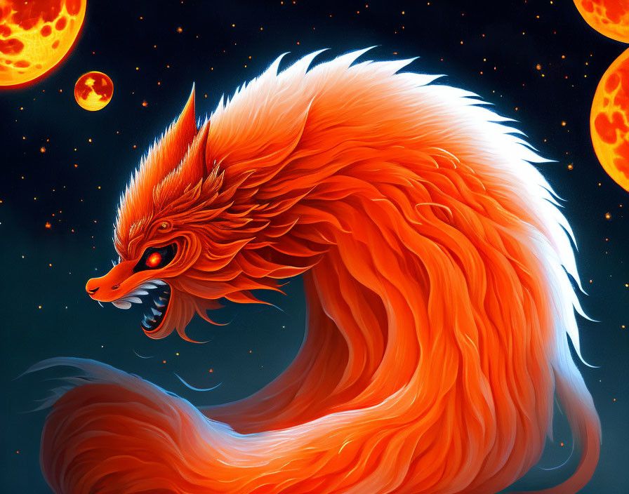 Fiery orange mythical fox with flowing mane under night sky with red moons