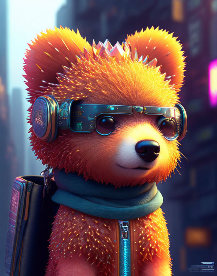 Stylized animated red panda with headset, collar, and scarf in neon-lit urban setting
