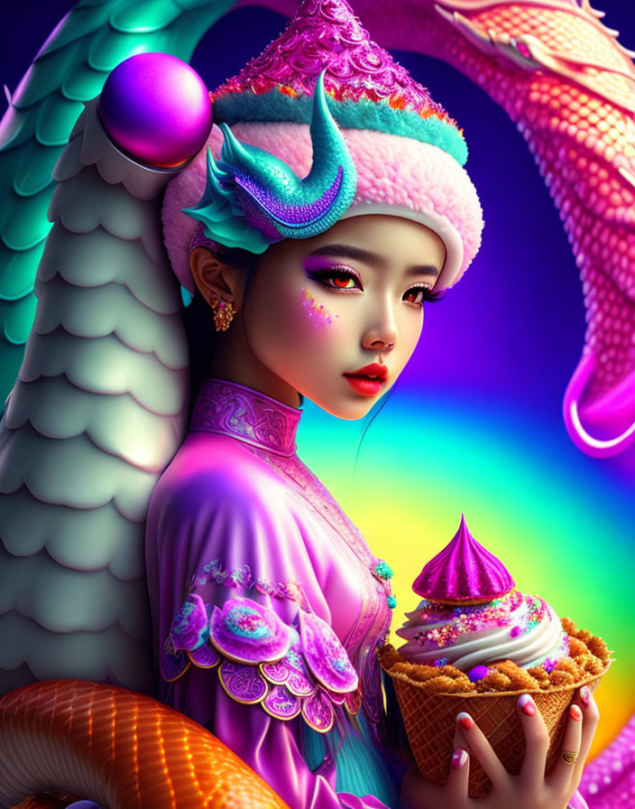 Colorful illustration: Woman with dragon in pink and purple attire holding cupcake