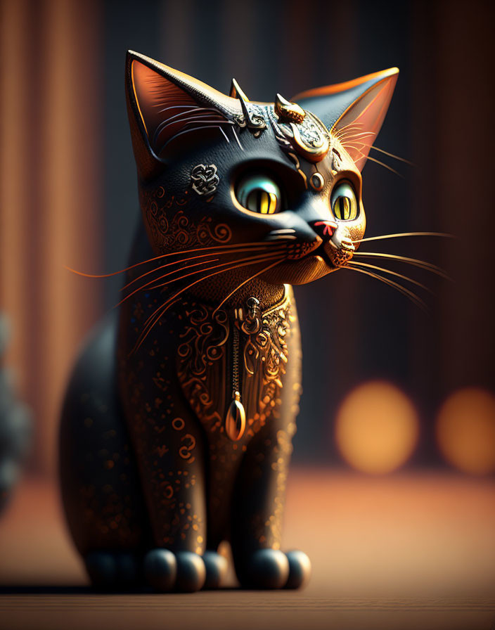 Ornate black mechanical cat with golden details on amber background