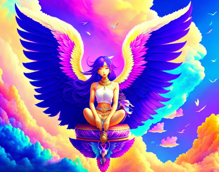 Majestic blue-winged anime character meditating in vibrant sky
