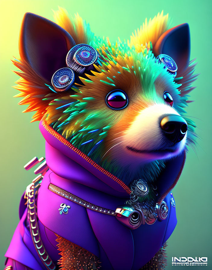 Colorful Stylized Fox Artwork with Futuristic Accessories on Gradient Background