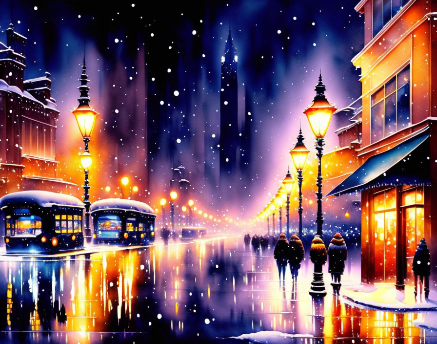 Snowy Cityscape Night Scene with Illuminated Street Lamps, Buildings, Tram, and Reflect