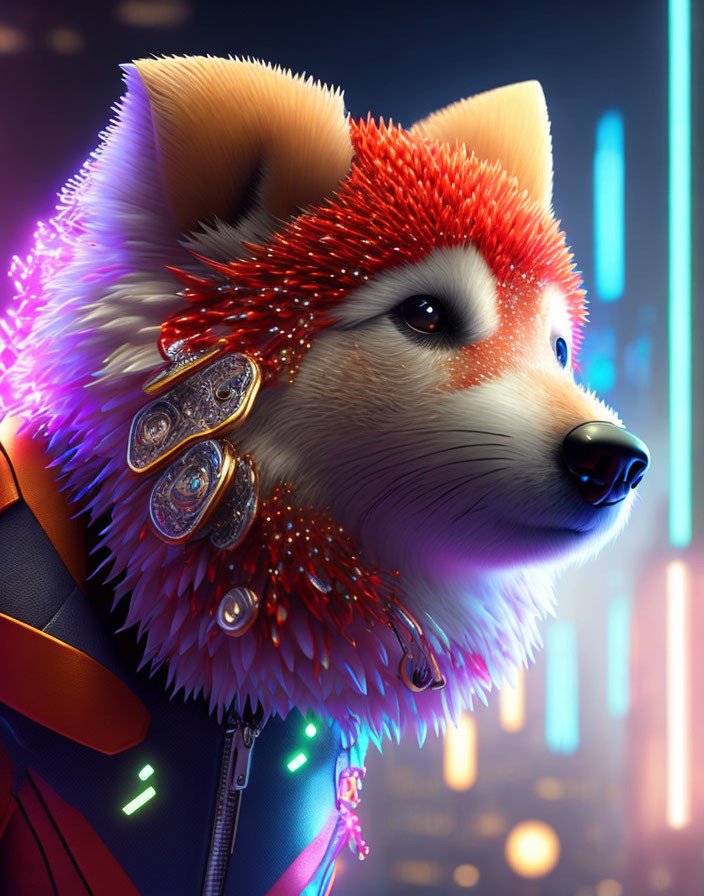 Colorful Anthropomorphic Fox in Futuristic Outfit and Headphones on Neon City Background