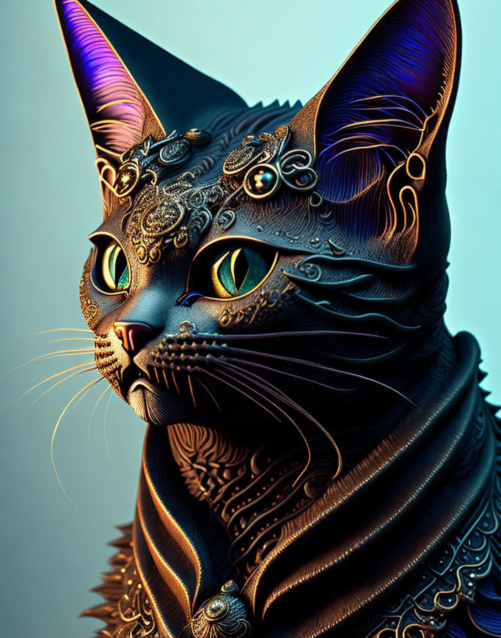 Detailed Digital Artwork: Black Cat with Ornate Patterns & Vibrant Blue/Gold Highlights