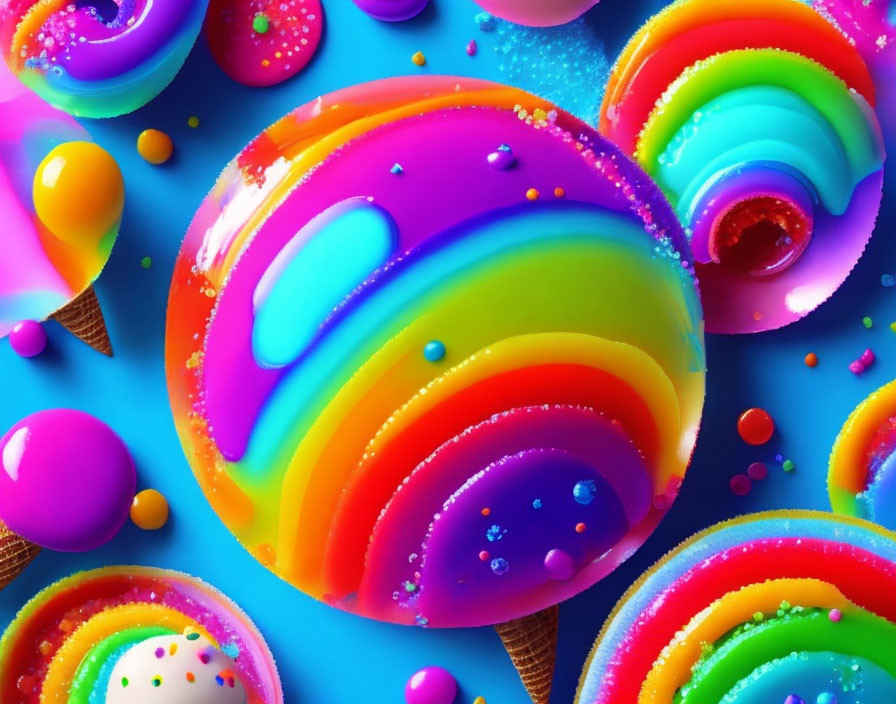 Colorful 3D Illustration of Vibrant Candies and Desserts with Whimsical Design