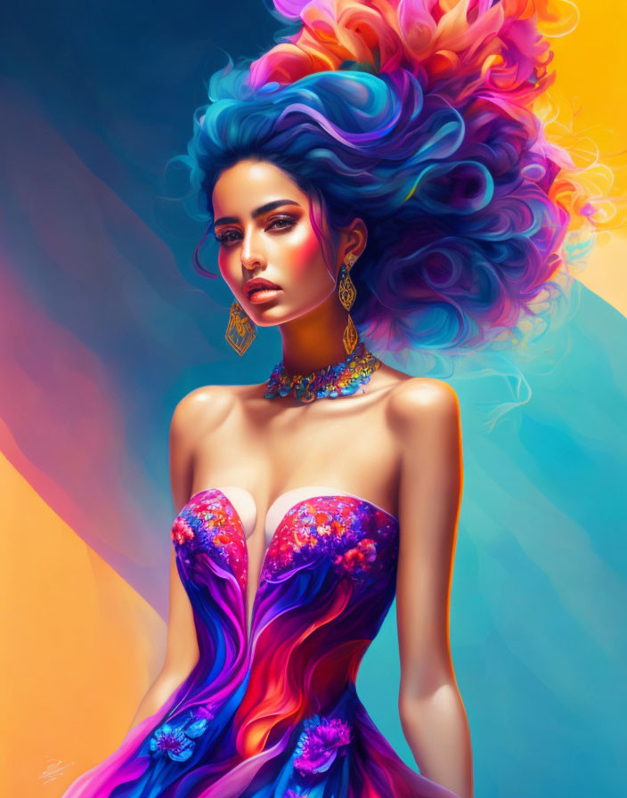 Colorful illustration of woman with vibrant, multicolored hair and floral dress on gradient backdrop
