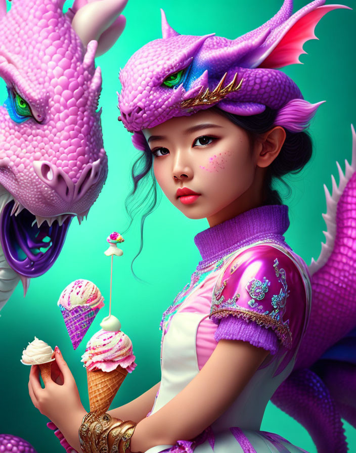 Girl in purple dragon outfit with cupcake beside pink dragon