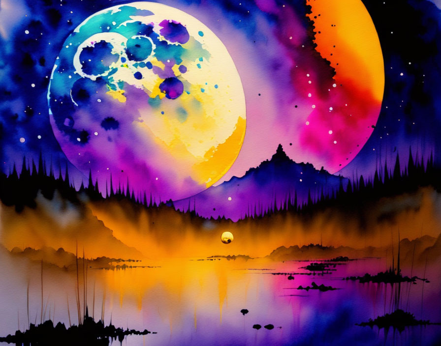 Colorful surreal landscape with celestial bodies, mountains, and reflective water