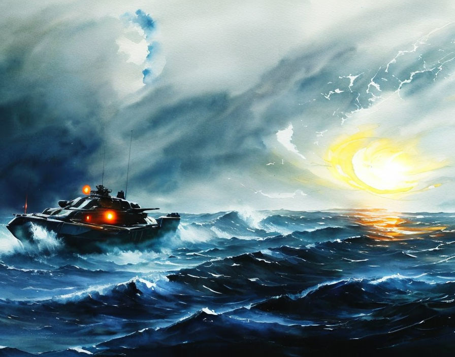 Small military vessel in stormy seas at sunset