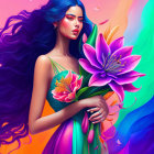 Vibrant illustration: Woman with blue hair holding floral bouquet on pink-orange backdrop